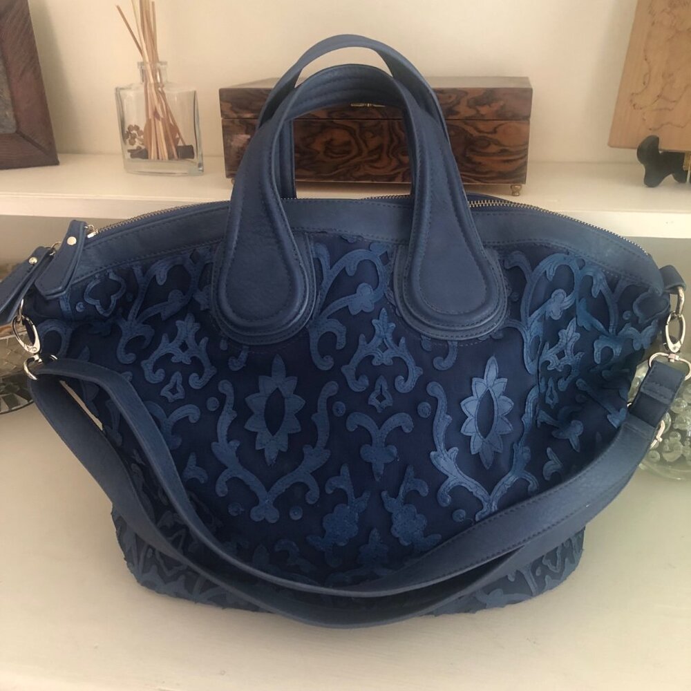Blue Vachetta Scroll Leather & Lace Satchel Tote Bag - Picture 13 of 14